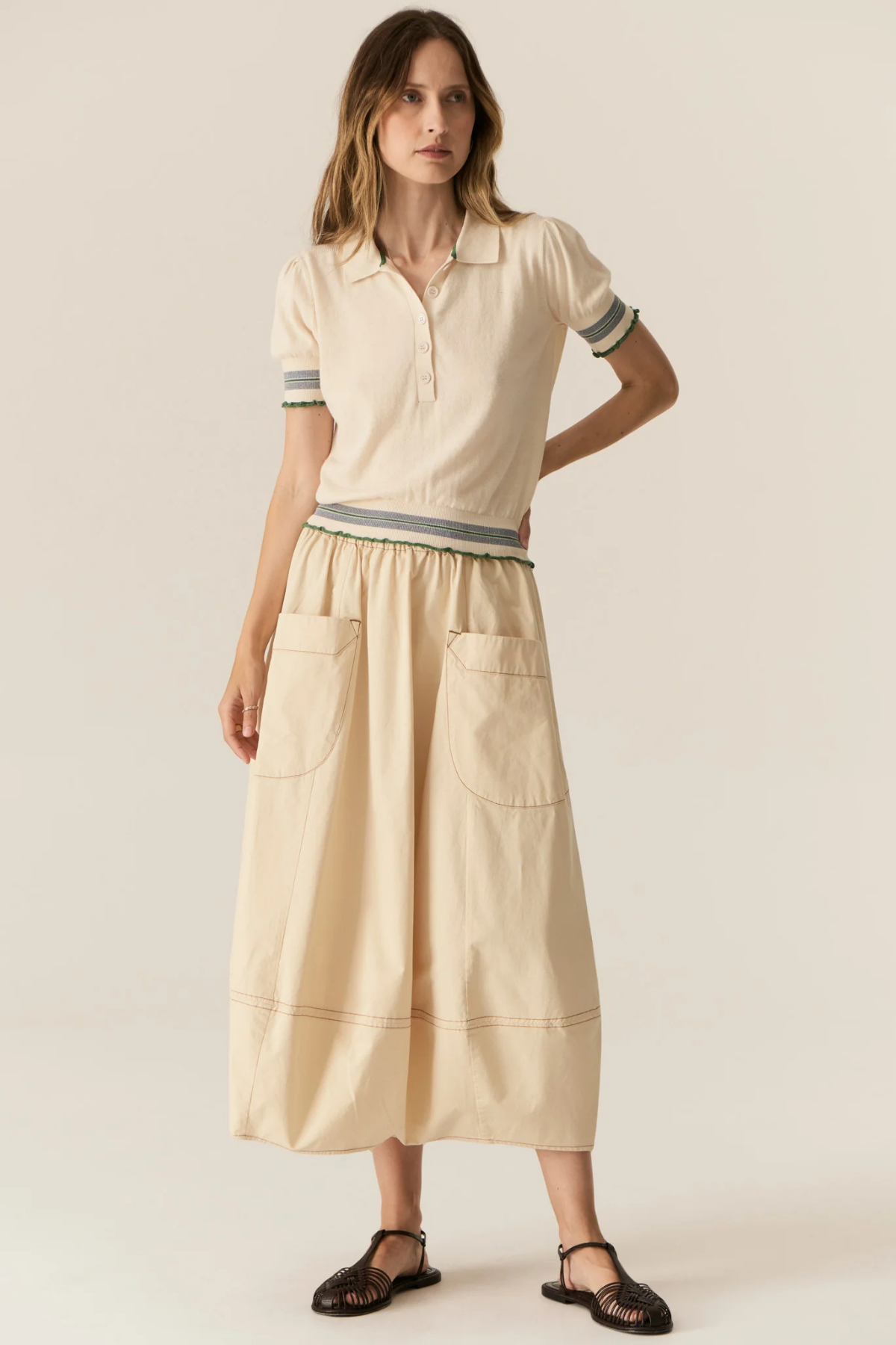 LASK KNIT POLO ECRU/GREEN