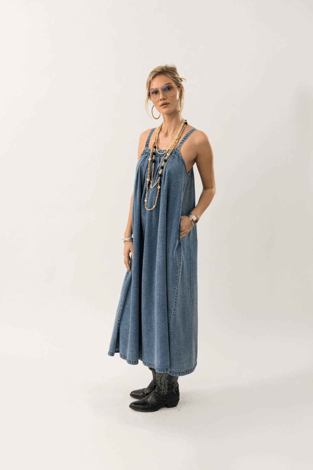 LUNGO MAXI DRESS WASHED DENIM