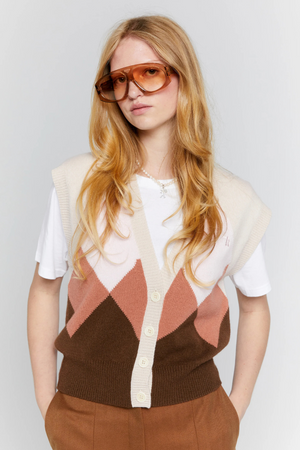 MINA BUTTON UP CASHMERE VEST AUTUMN ARGYLE