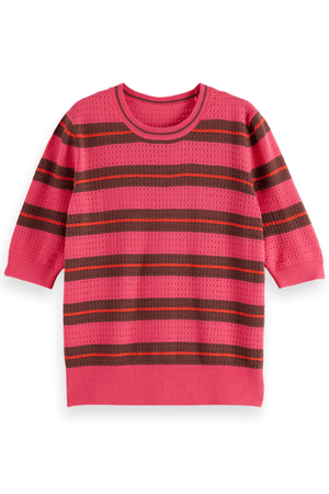 POINTELLE RELAXED SHORT SLEEVE ELECTRIC PINK STRIPE