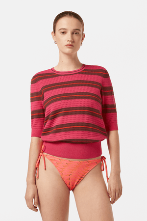 POINTELLE RELAXED SHORT SLEEVE ELECTRIC PINK STRIPE