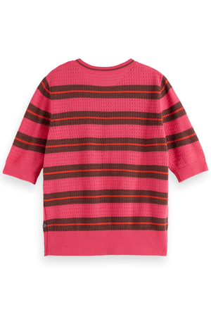 POINTELLE RELAXED SHORT SLEEVE ELECTRIC PINK STRIPE