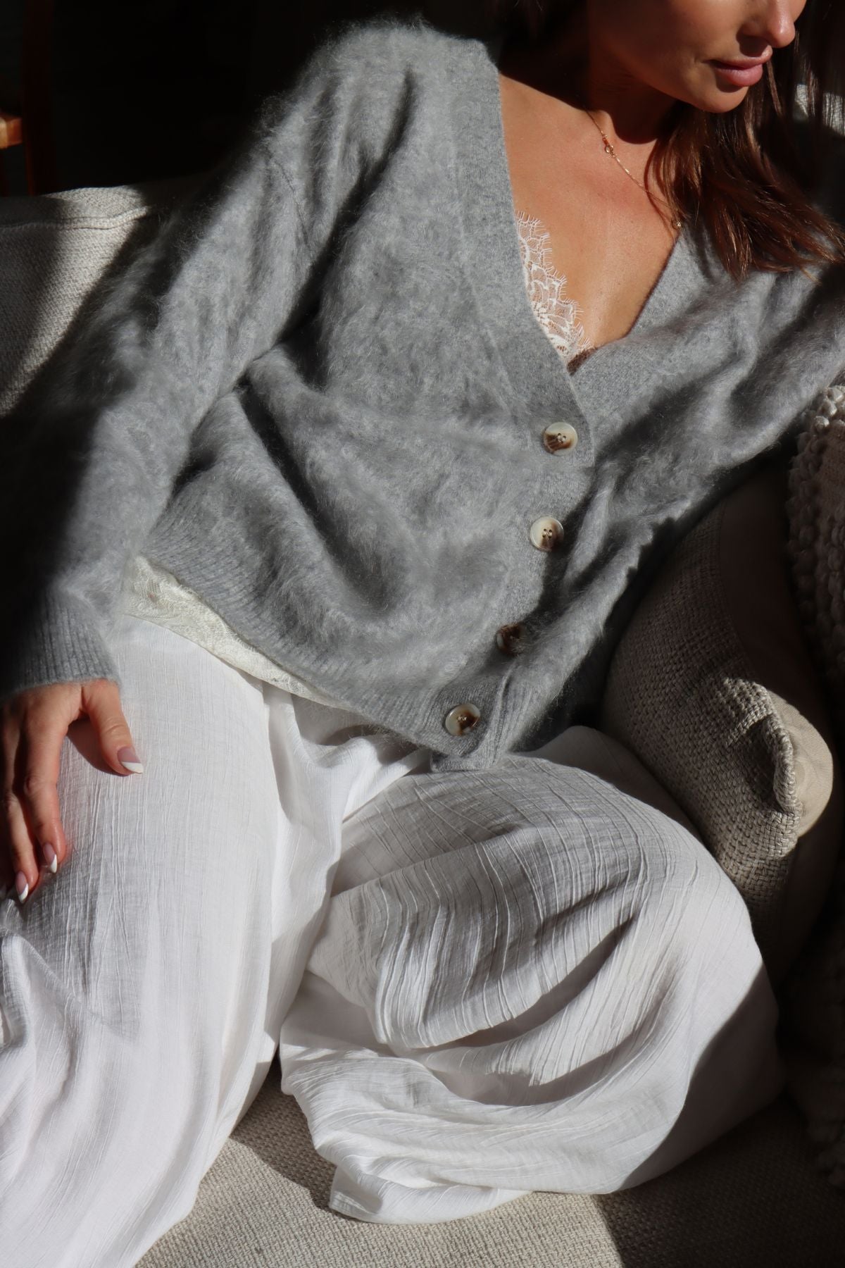 CHLOE BRUSHED CASHMERE CARDIGAN PEARL GREY