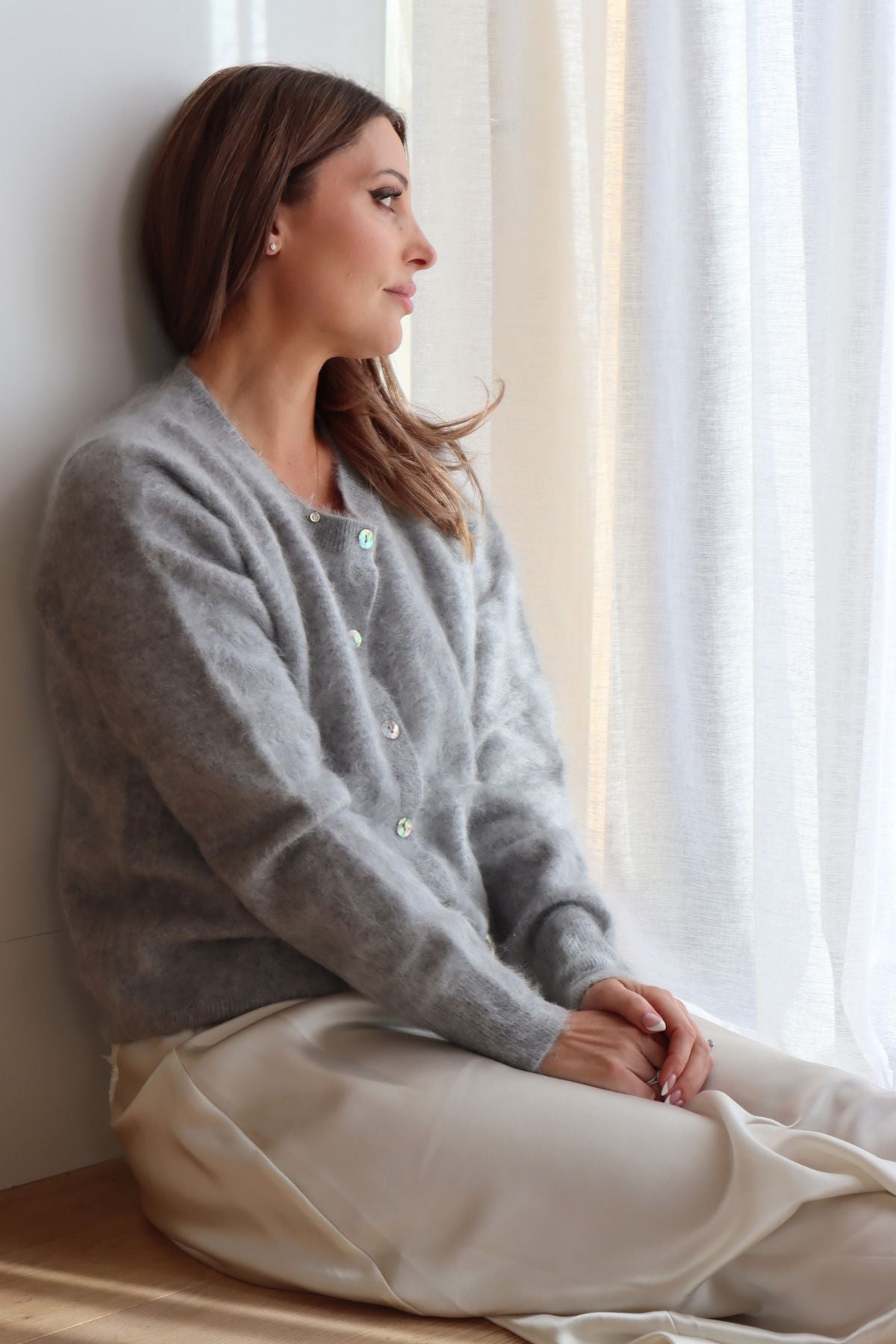 LAUREN BRUSHED CASHMERE CARDIGAN PEARL GREY