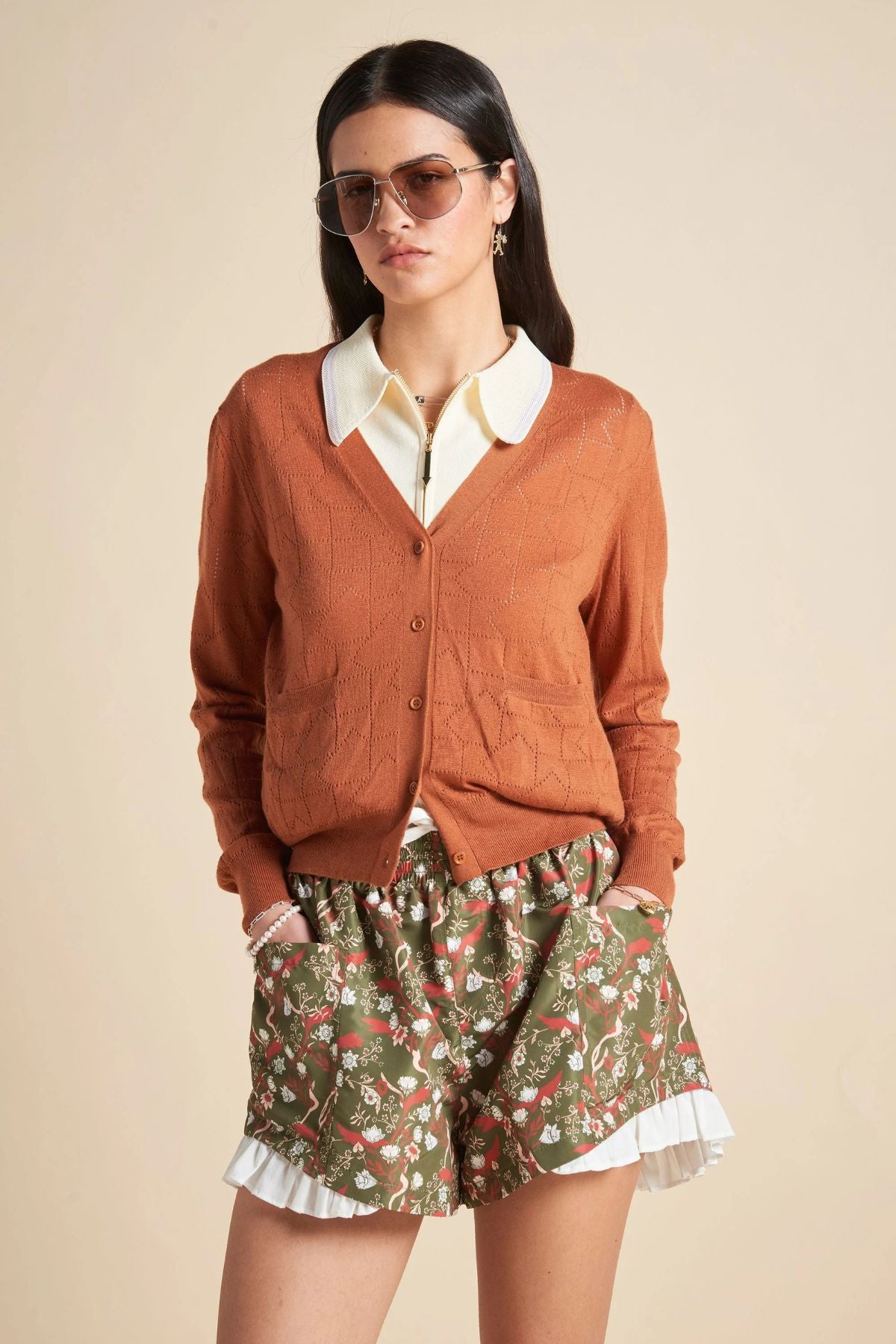 MONOGRAM POINTELLE KNIT CARDIGAN RUST
