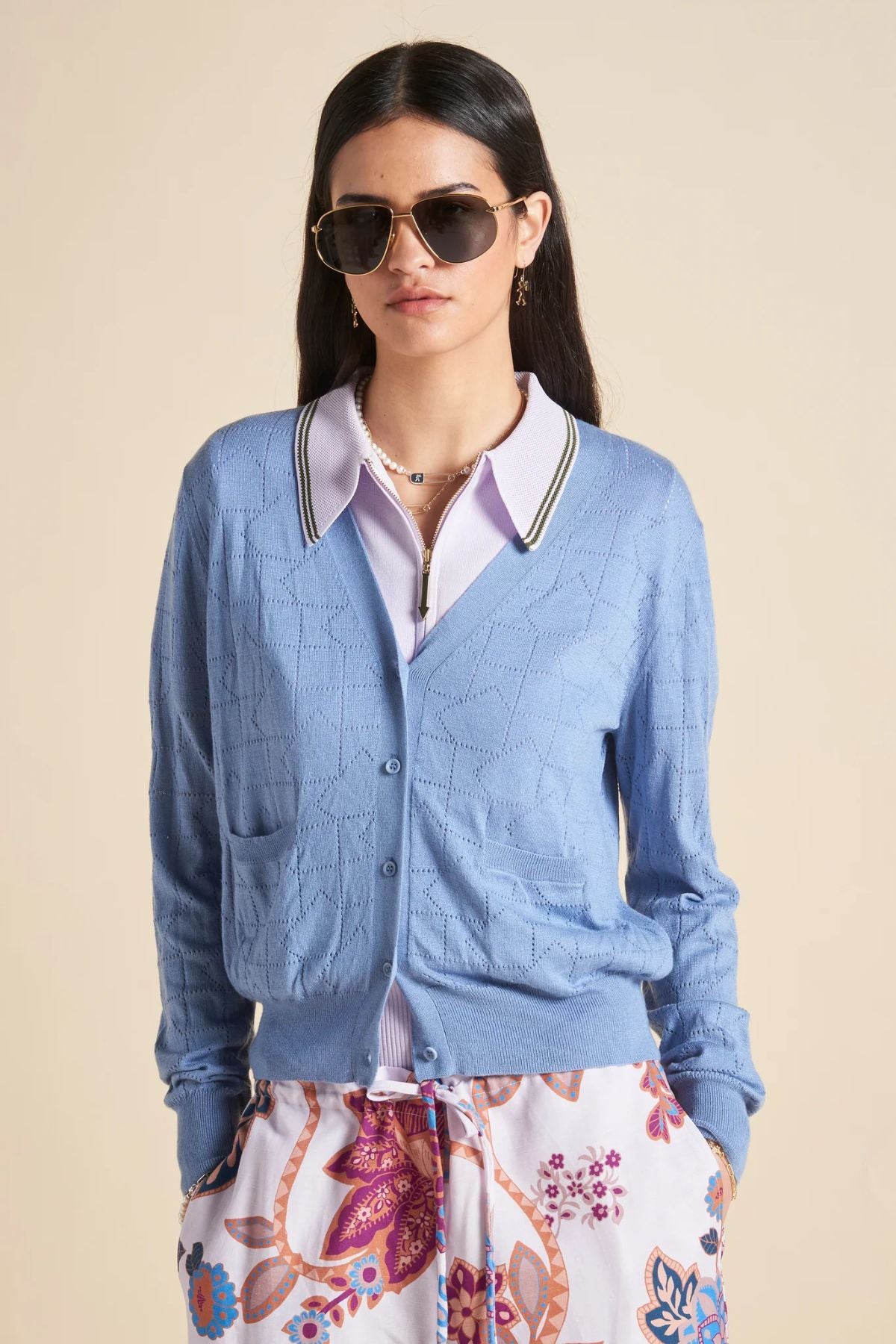 MONOGRAM POINTELLE KNIT CARDIGAN LIGHT BLUE