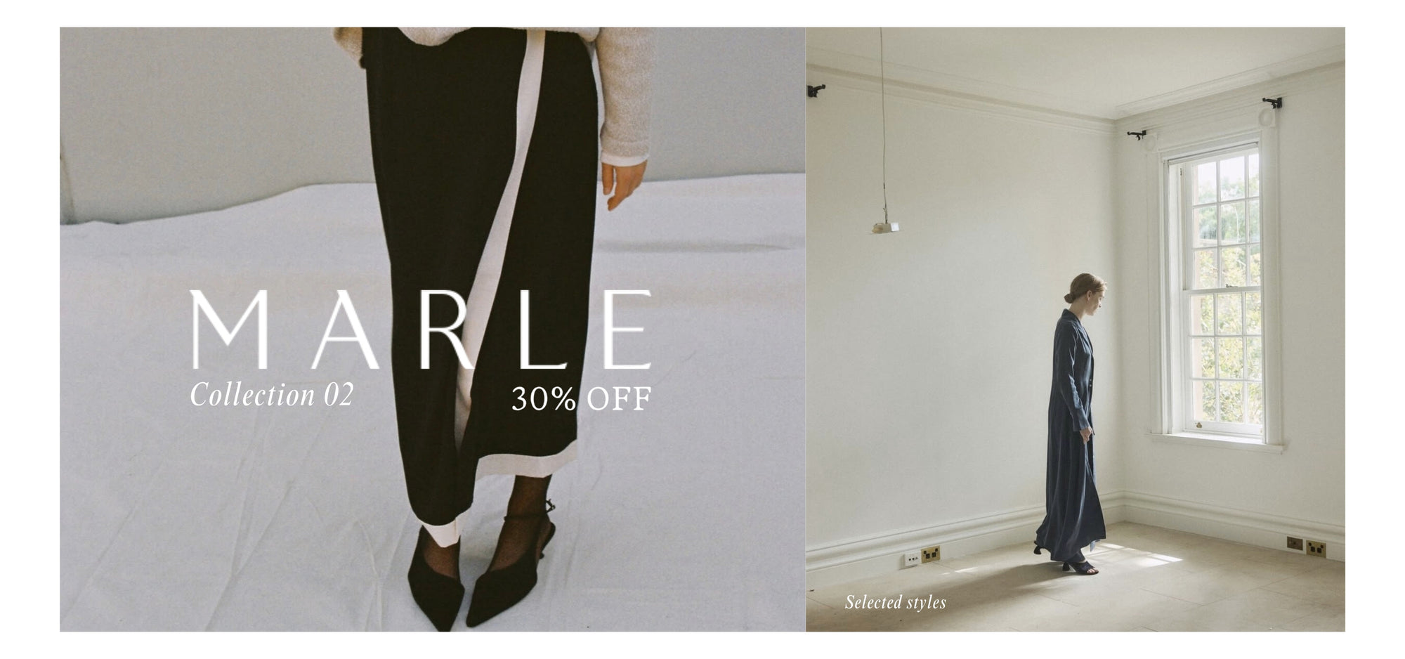 Woman in a black dress with white stripes standing in a room with a window, featuring the brand 'Marle'.