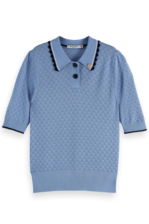 POINTELLE COLLARED KNIT TEE MYSTIC BLUE