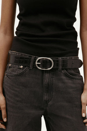 WIDE BELT OVAL BUCKLE BLACK CROC/SILVER