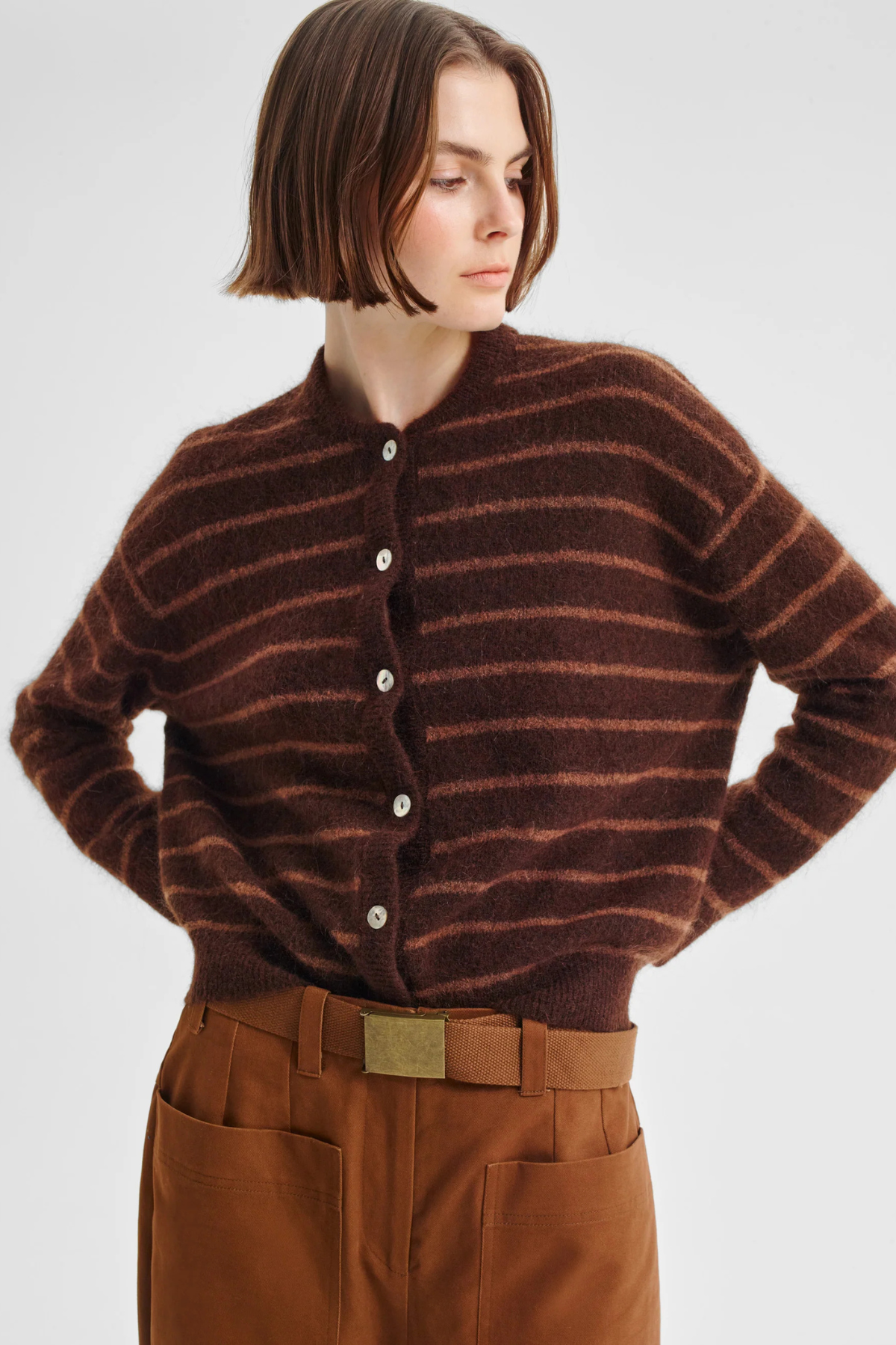 ALBI KNIT CARDIGAN TOFFEE STRIPE