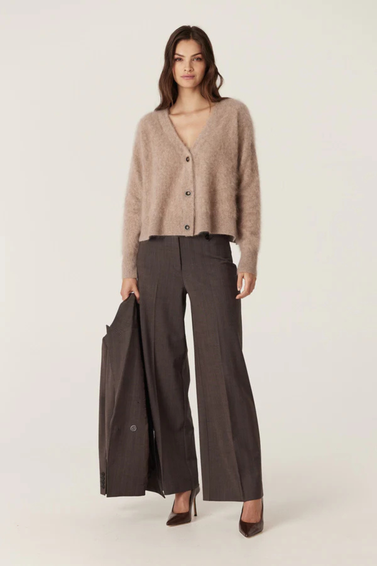 BRUSHED CASHWOOL V CARDIGAN MINK