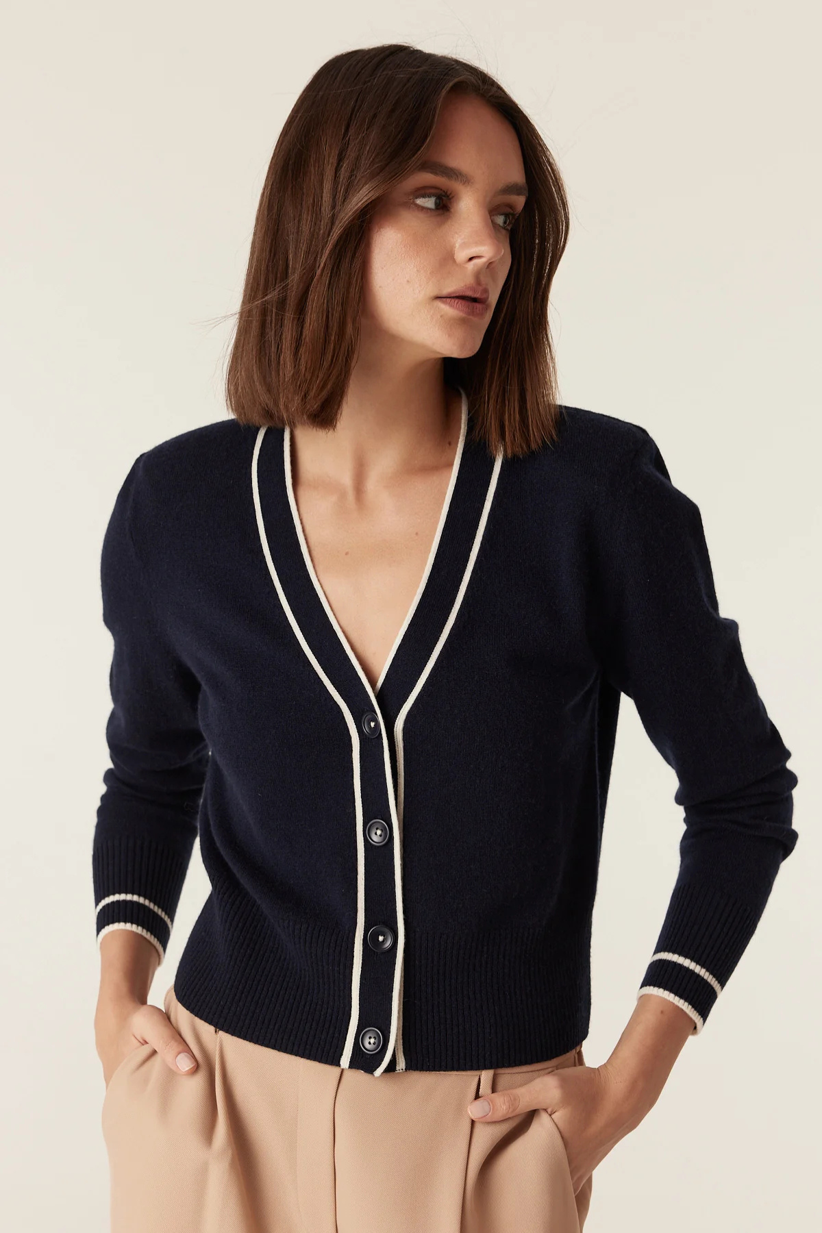CASHWOOL CONTRAST V CARDIGAN NAVY
