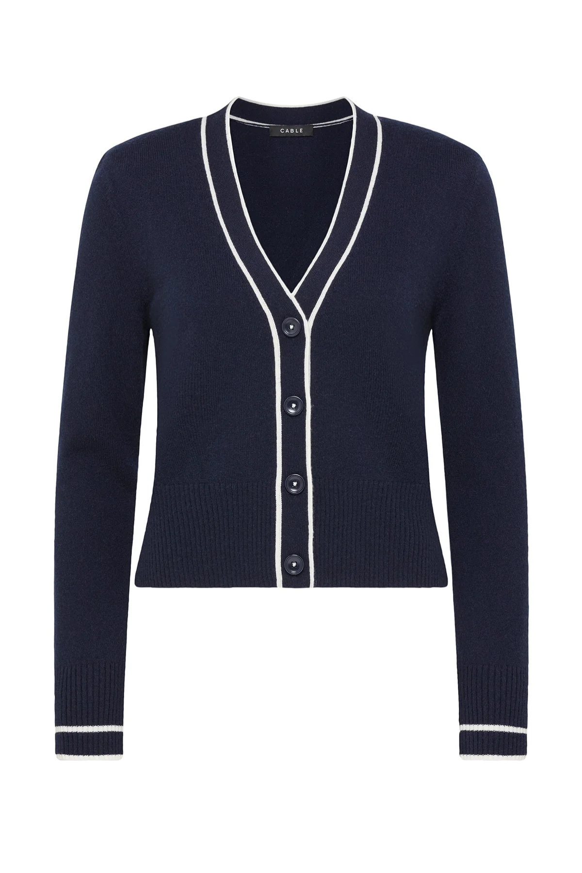 CASHWOOL CONTRAST V CARDIGAN NAVY