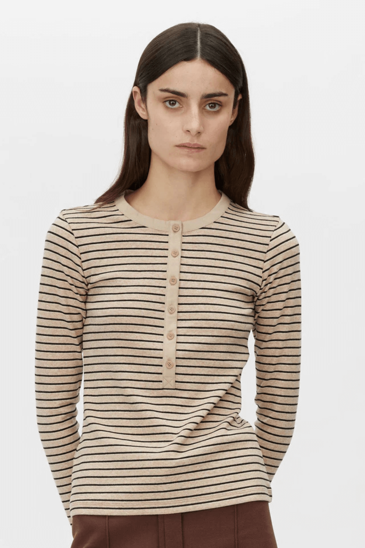 CASSIAN BUTTON DOWN STRIPE TOP OATMEAL