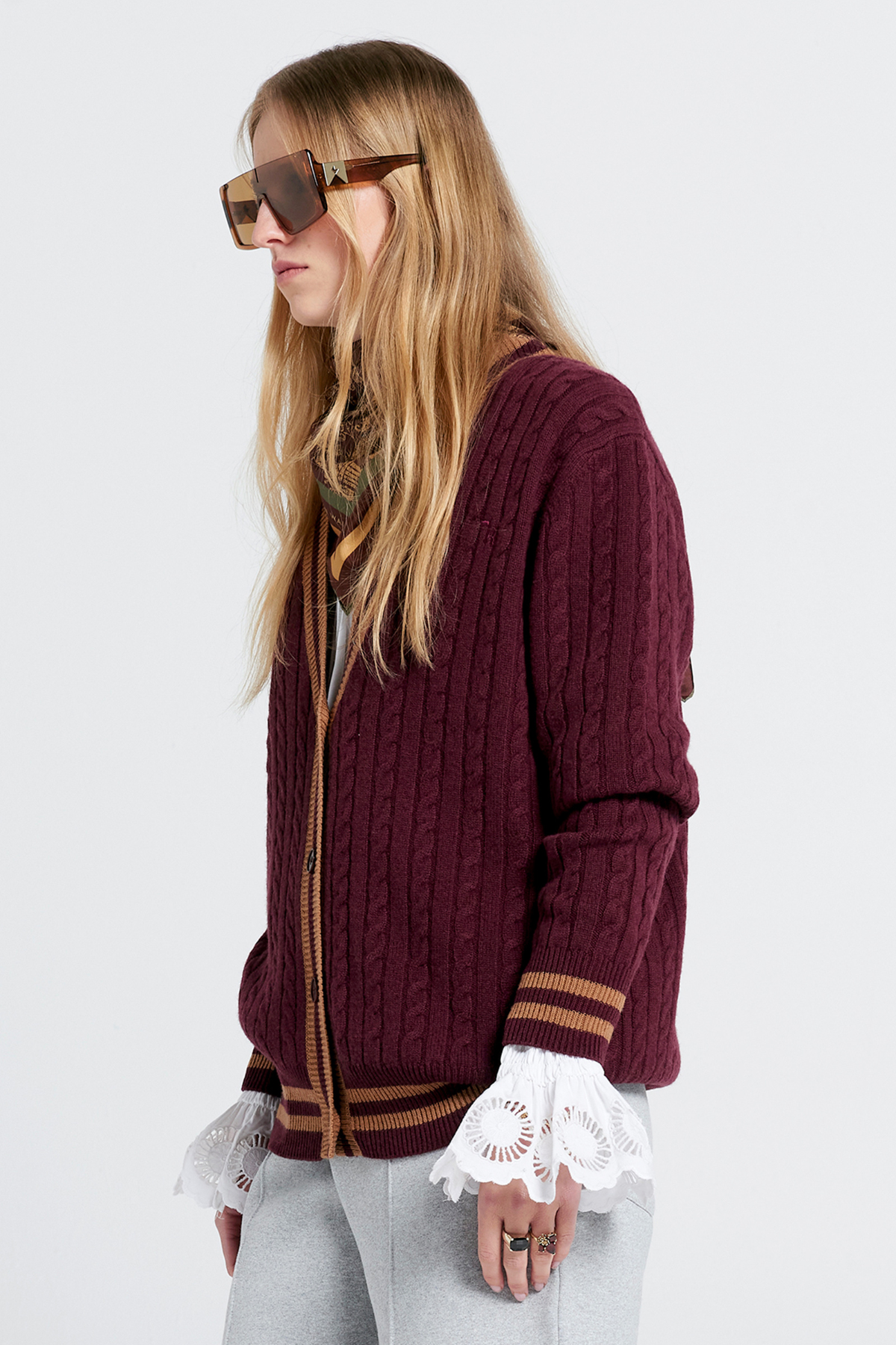 COLLEGIATE KNIT CARDIGAN BURGUNDY/TAN