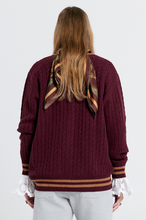 COLLEGIATE KNIT CARDIGAN BURGUNDY/TAN