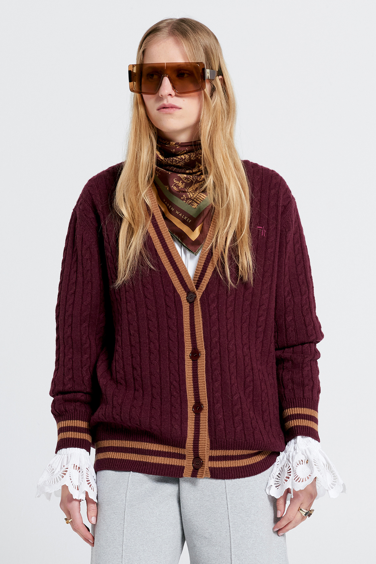 COLLEGIATE KNIT CARDIGAN BURGUNDY/TAN