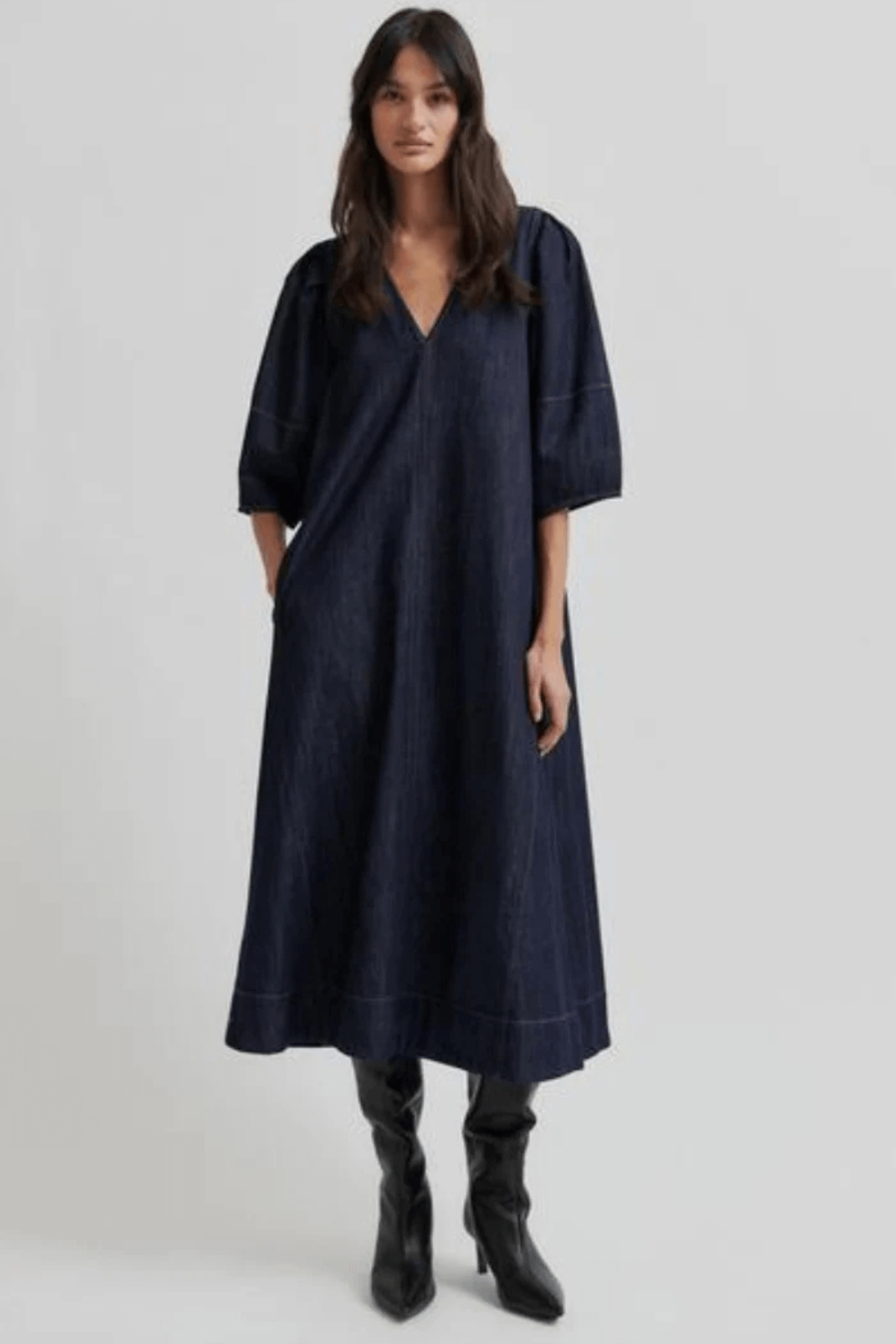 DERA V NECK DENIM DRESS DARK BLUE
