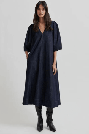 DERA V NECK DENIM DRESS DARK BLUE