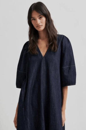 DERA V NECK DENIM DRESS DARK BLUE
