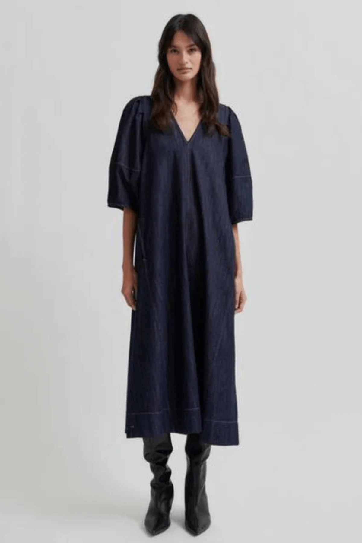 DERA V NECK DENIM DRESS DARK BLUE