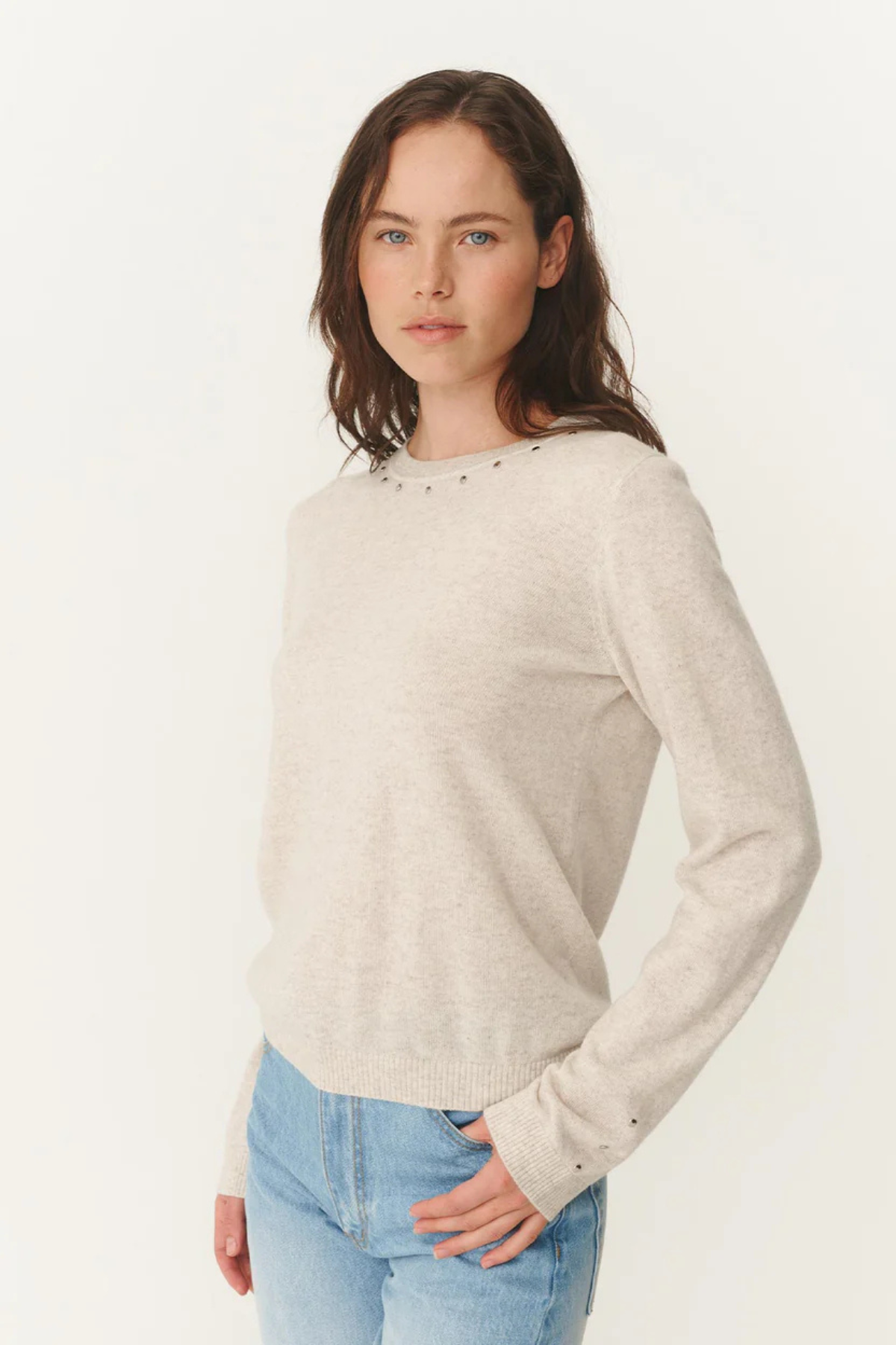 EMALINE STUD MERINO KNIT TOP OAT MARLE