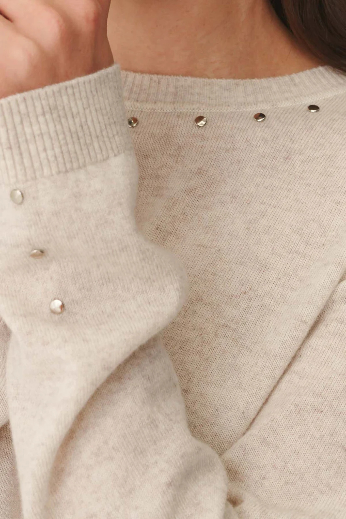 EMALINE STUD MERINO KNIT TOP OAT MARLE