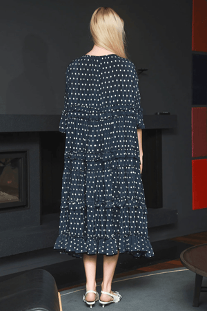FRILLIONAIRE DRESS NAVY SPOTS