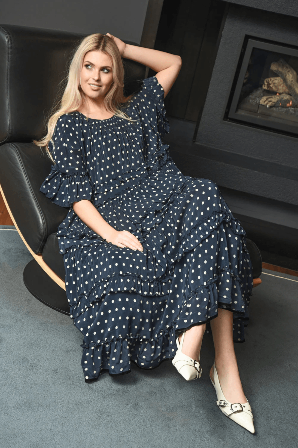 FRILLIONAIRE DRESS NAVY SPOTS