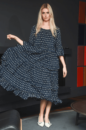 FRILLIONAIRE DRESS NAVY SPOTS