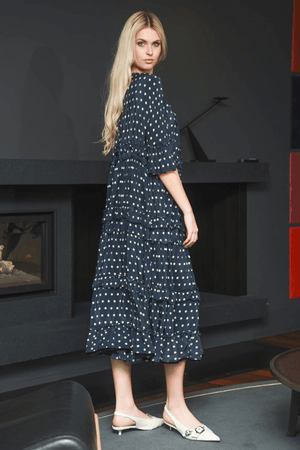 FRILLIONAIRE DRESS NAVY SPOTS