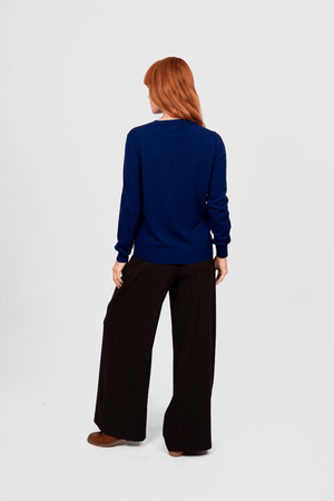 KATE CREW NECK CARDI CARBON BLUE