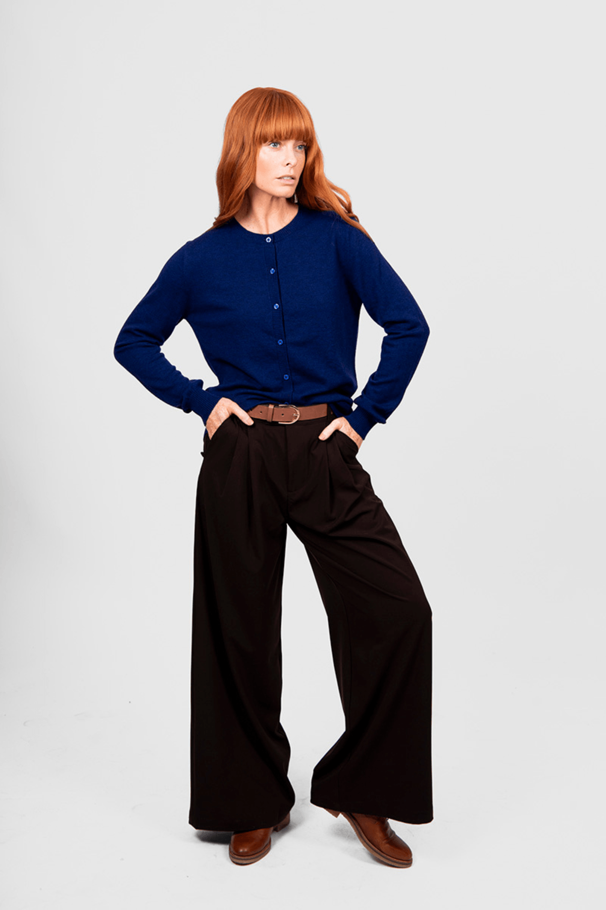 KATE CREW NECK CARDI CARBON BLUE