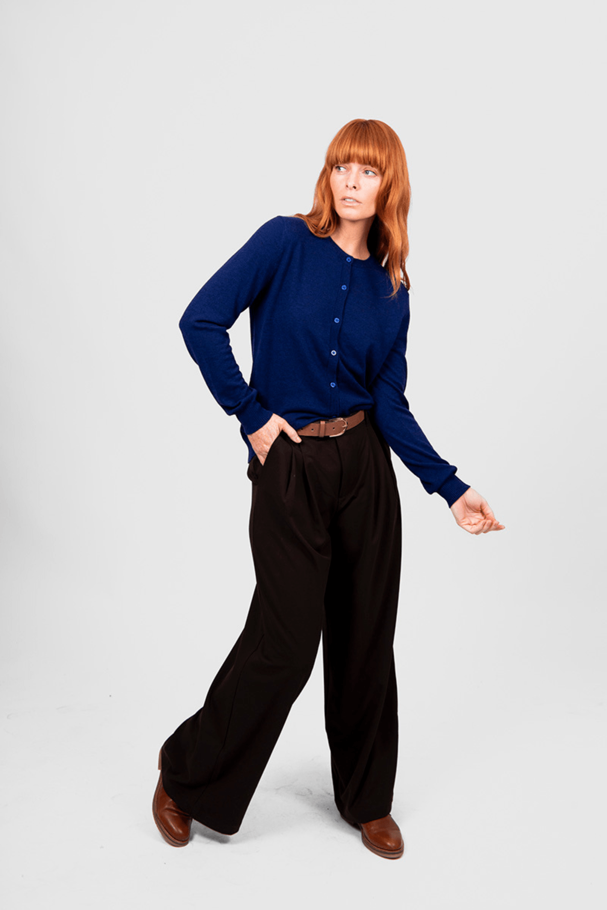 KATE CREW NECK CARDI CARBON BLUE