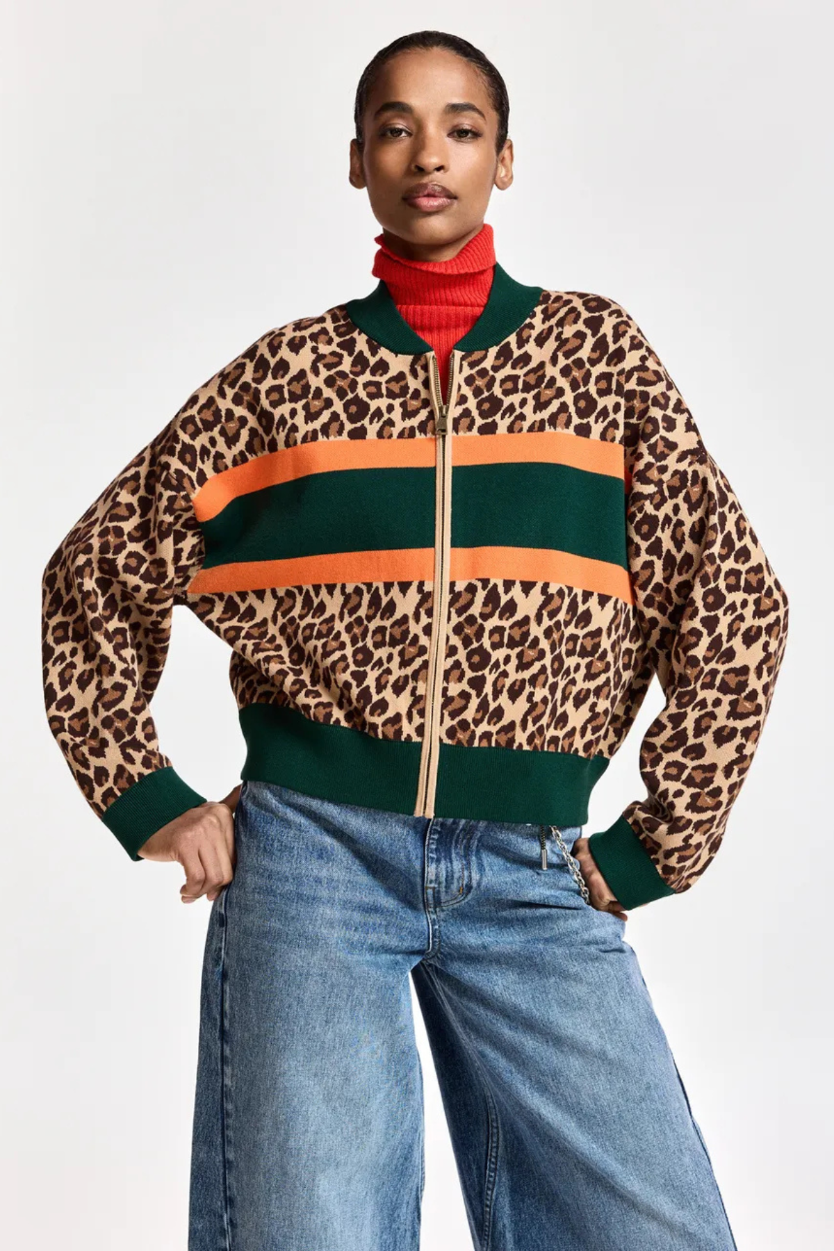KUTIE STRIPED LEOPARD ZIP UP KNIT CARDIGAN