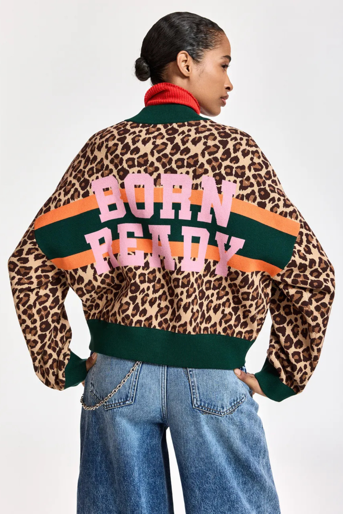 KUTIE STRIPED LEOPARD ZIP UP KNIT CARDIGAN