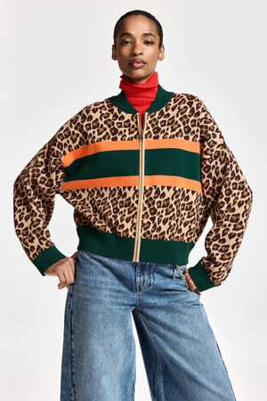 KUTIE STRIPED LEOPARD ZIP UP KNIT CARDIGAN