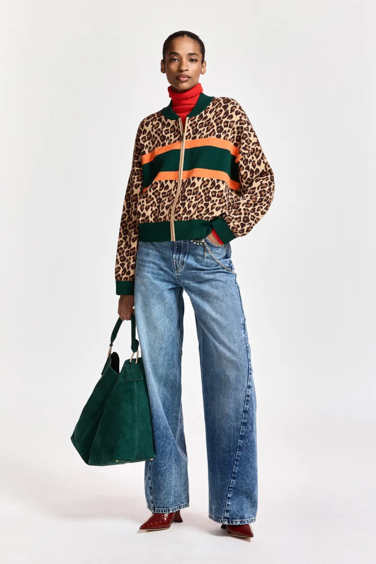 KUTIE STRIPED LEOPARD ZIP UP KNIT CARDIGAN