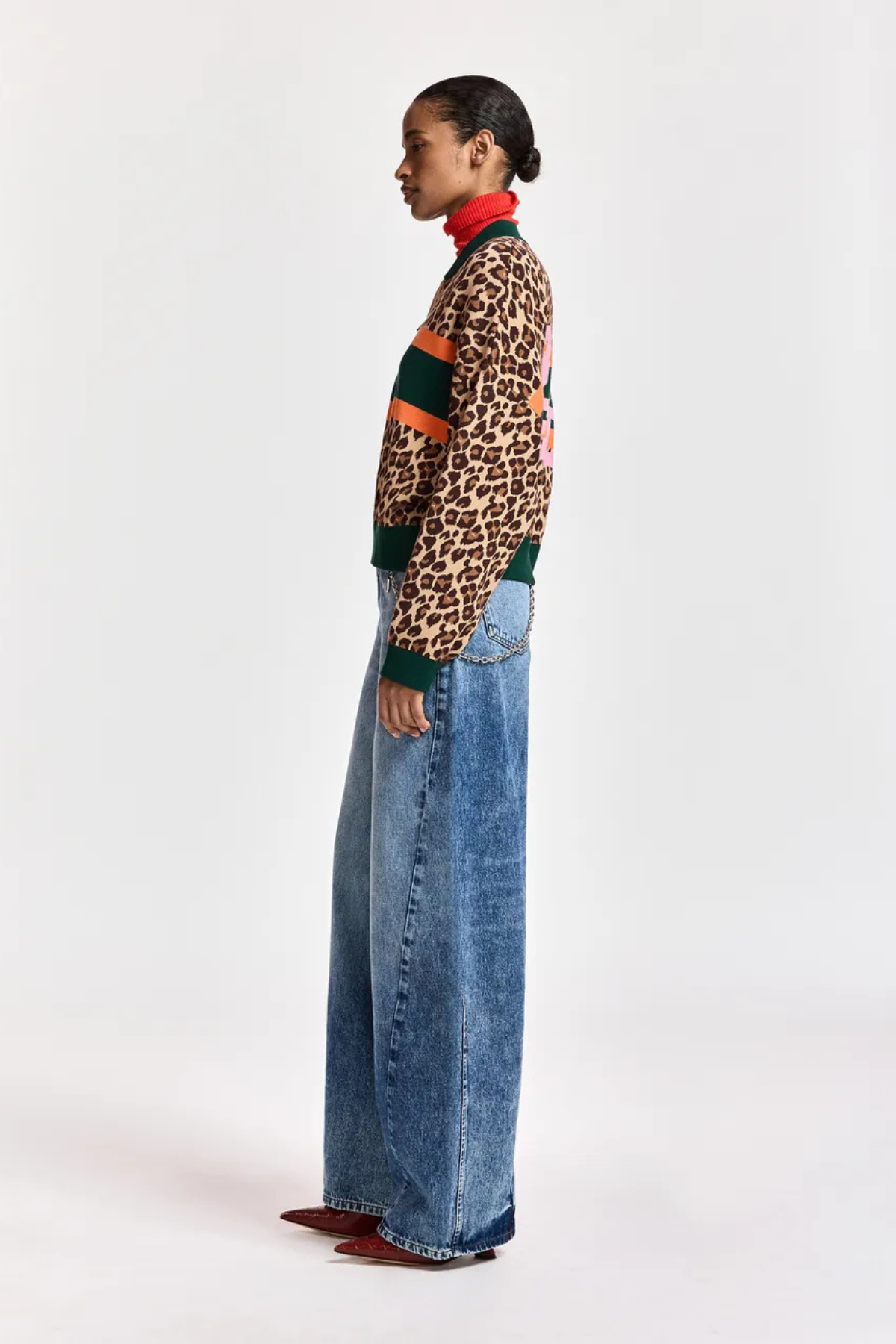 KUTIE STRIPED LEOPARD ZIP UP KNIT CARDIGAN