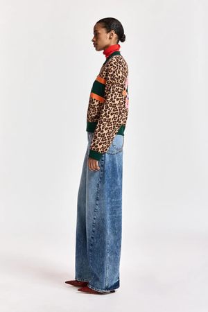KUTIE STRIPED LEOPARD ZIP UP KNIT CARDIGAN