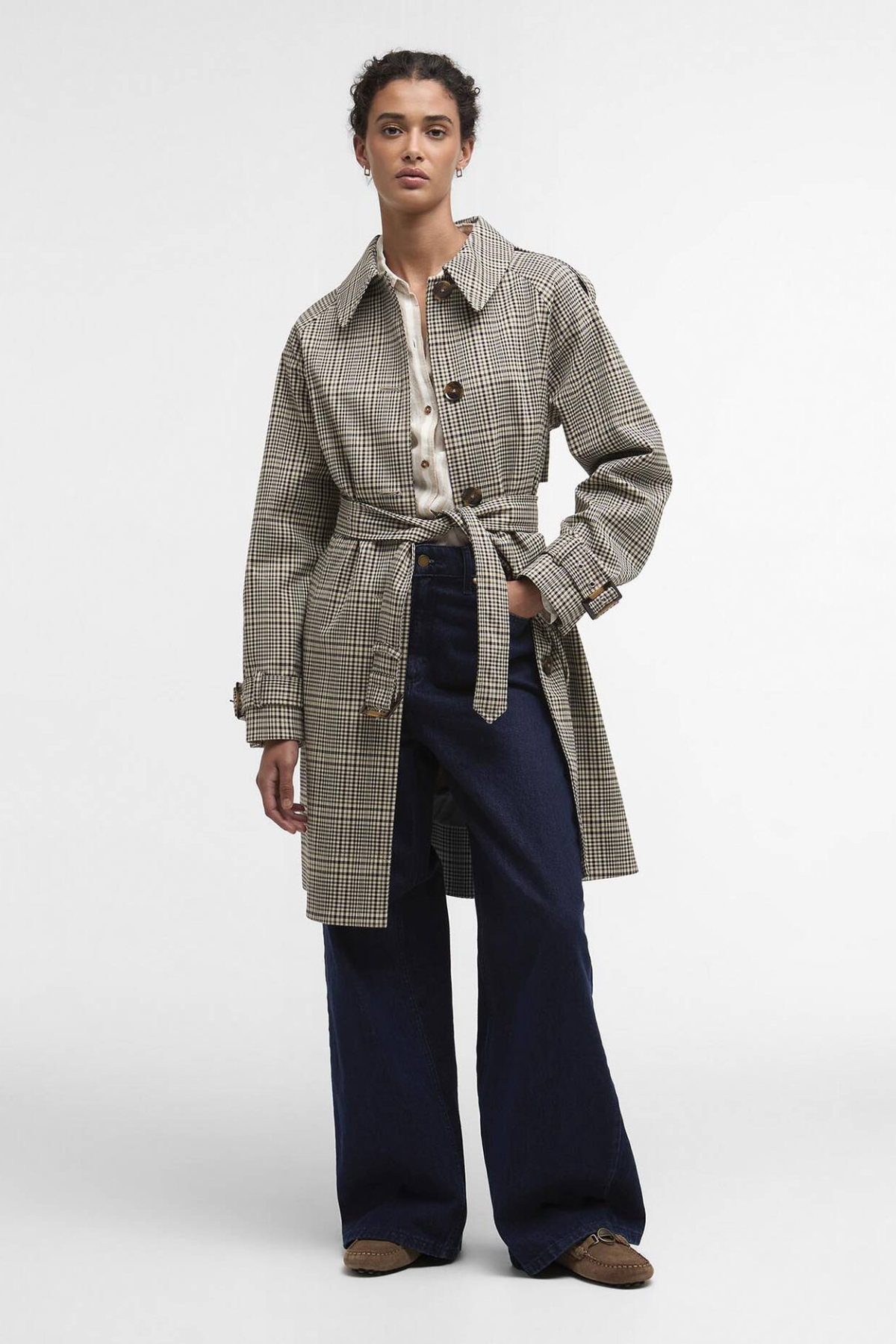 MAIA CHECK SHOWERPROOF TRENCH OLIVE PRINCE OF WALES CHECK