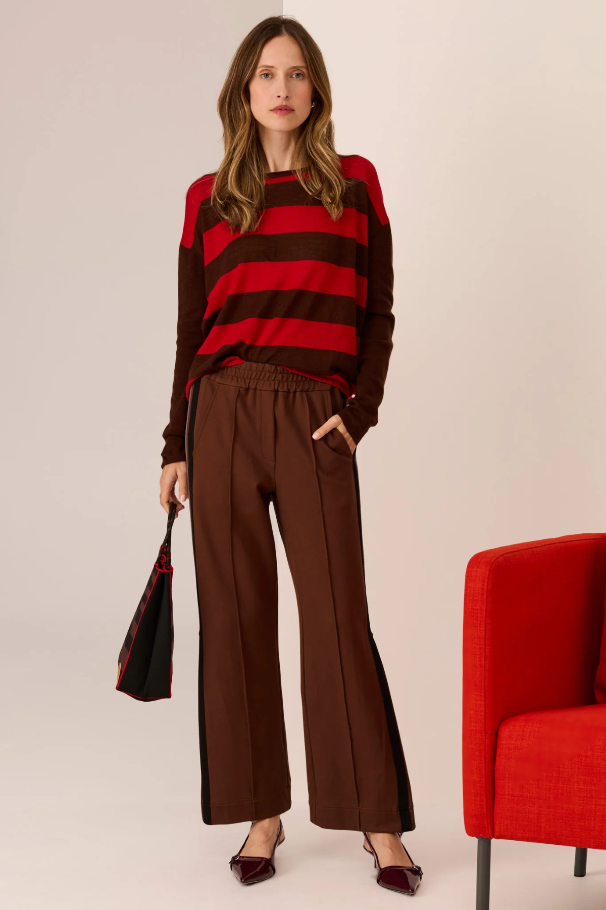 MEIRA STRIPE KNIT TOFFEE/RED