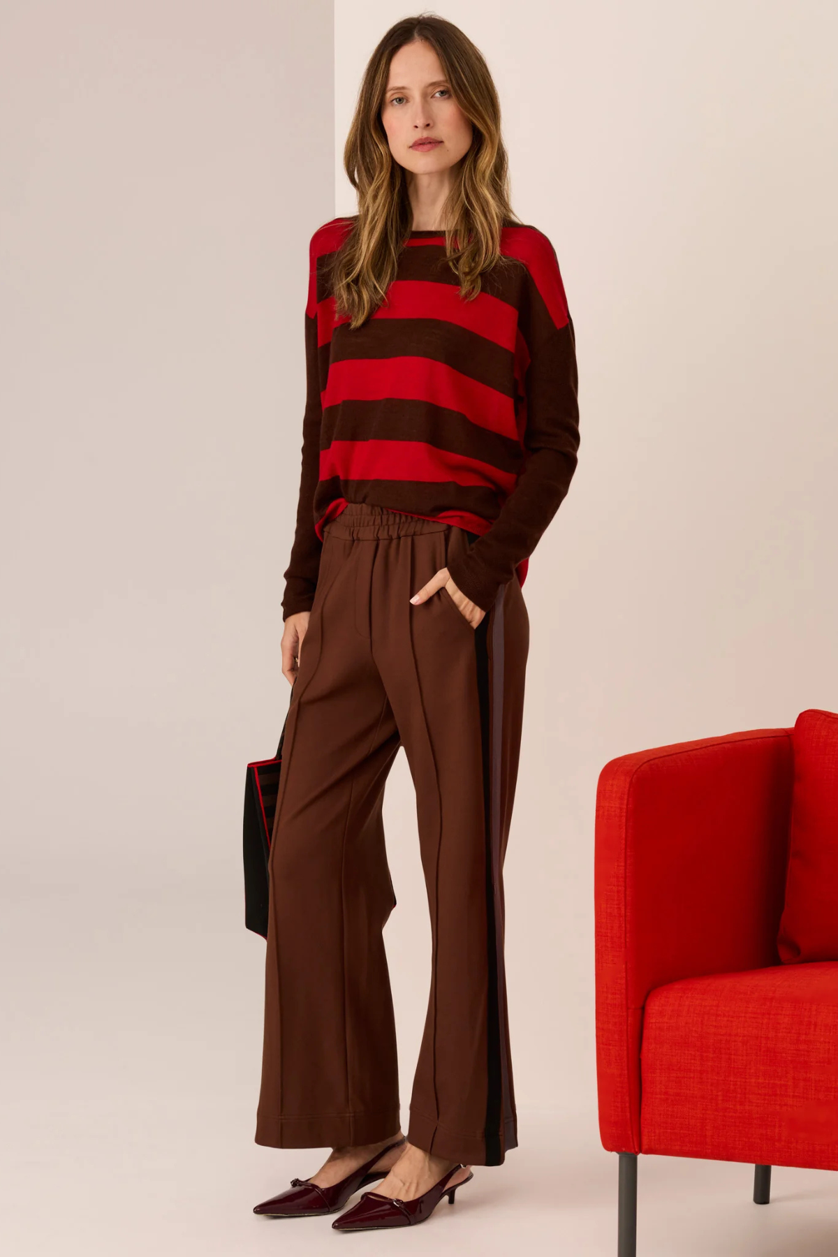 MEIRA STRIPE KNIT TOFFEE/RED