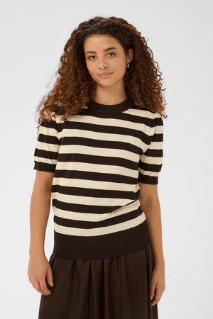 MILA SHORT SLEEVE STRIPED PULLOVER MOLE BROWN RICE