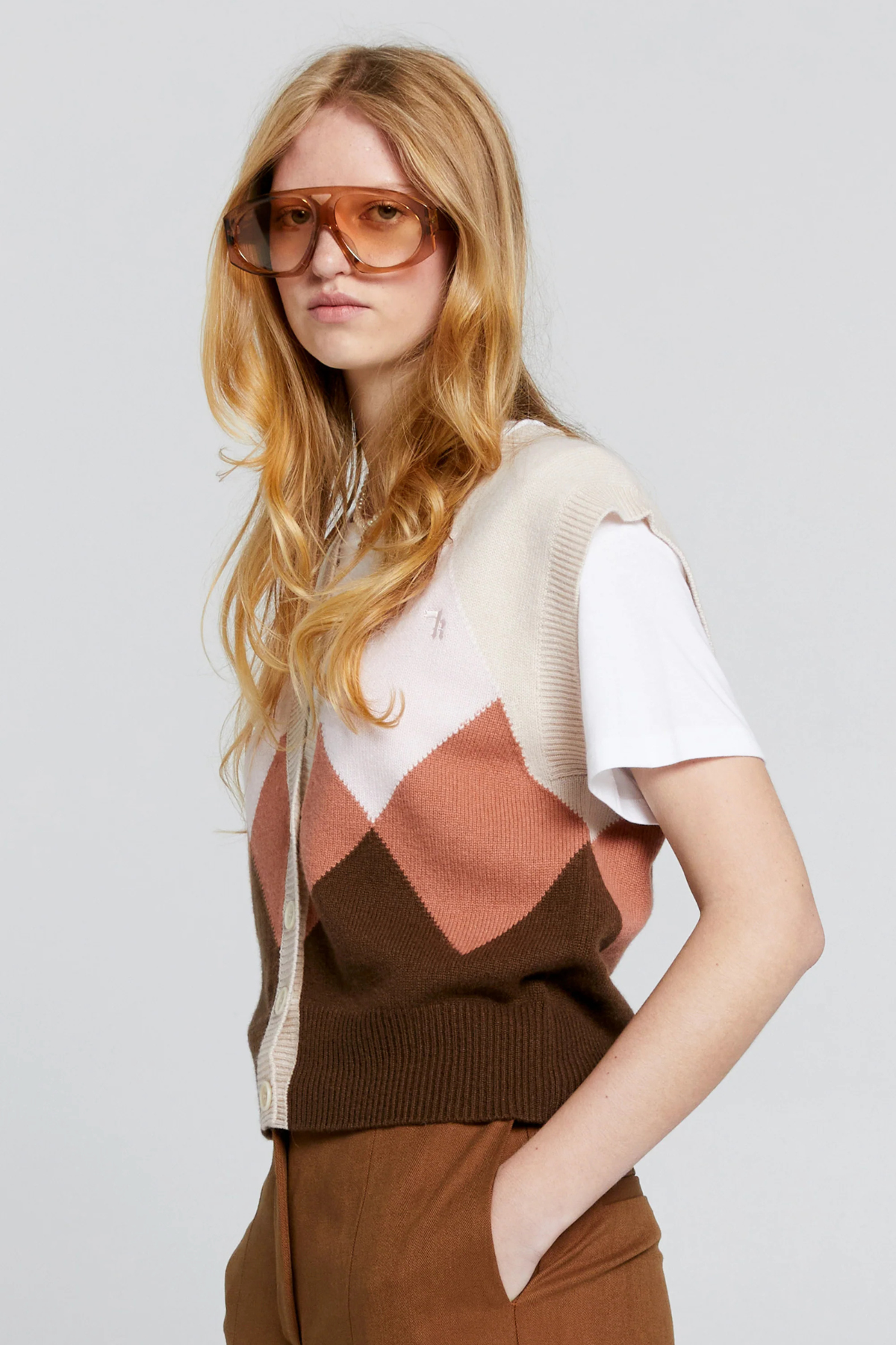 MINA BUTTON UP CASHMERE VEST AUTUMN ARGYLE