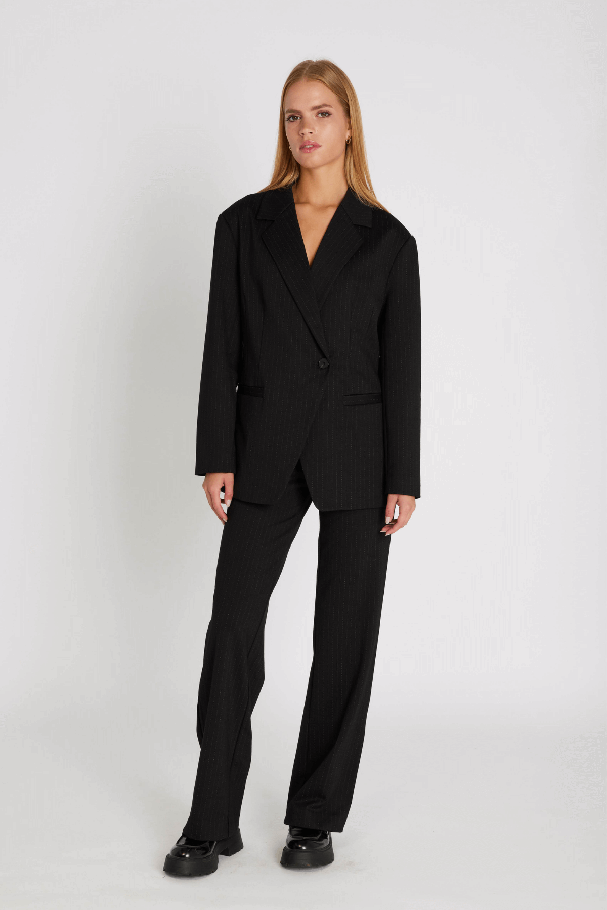 OLANA WIDE PANTS PINSTRIPE BLACK