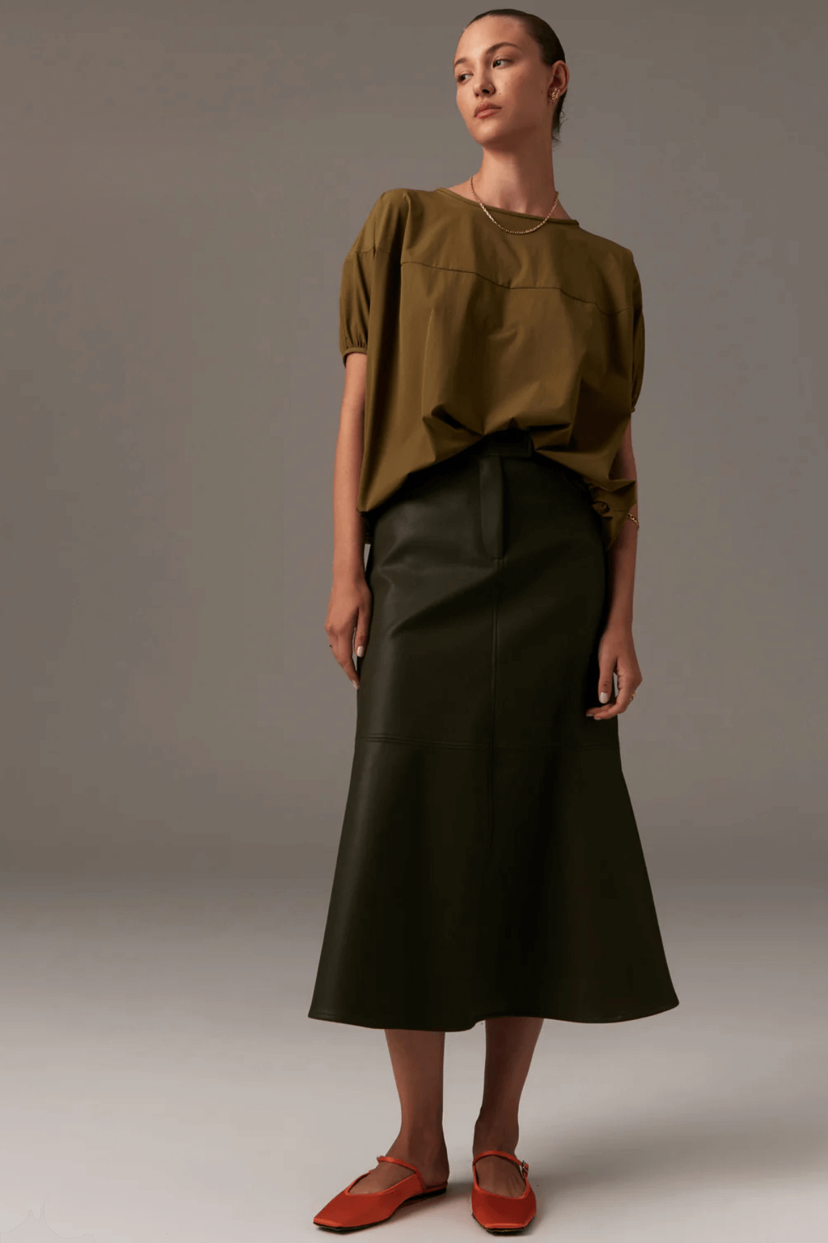 OLLIE FAUX LEATHER SKIRT KHAKI