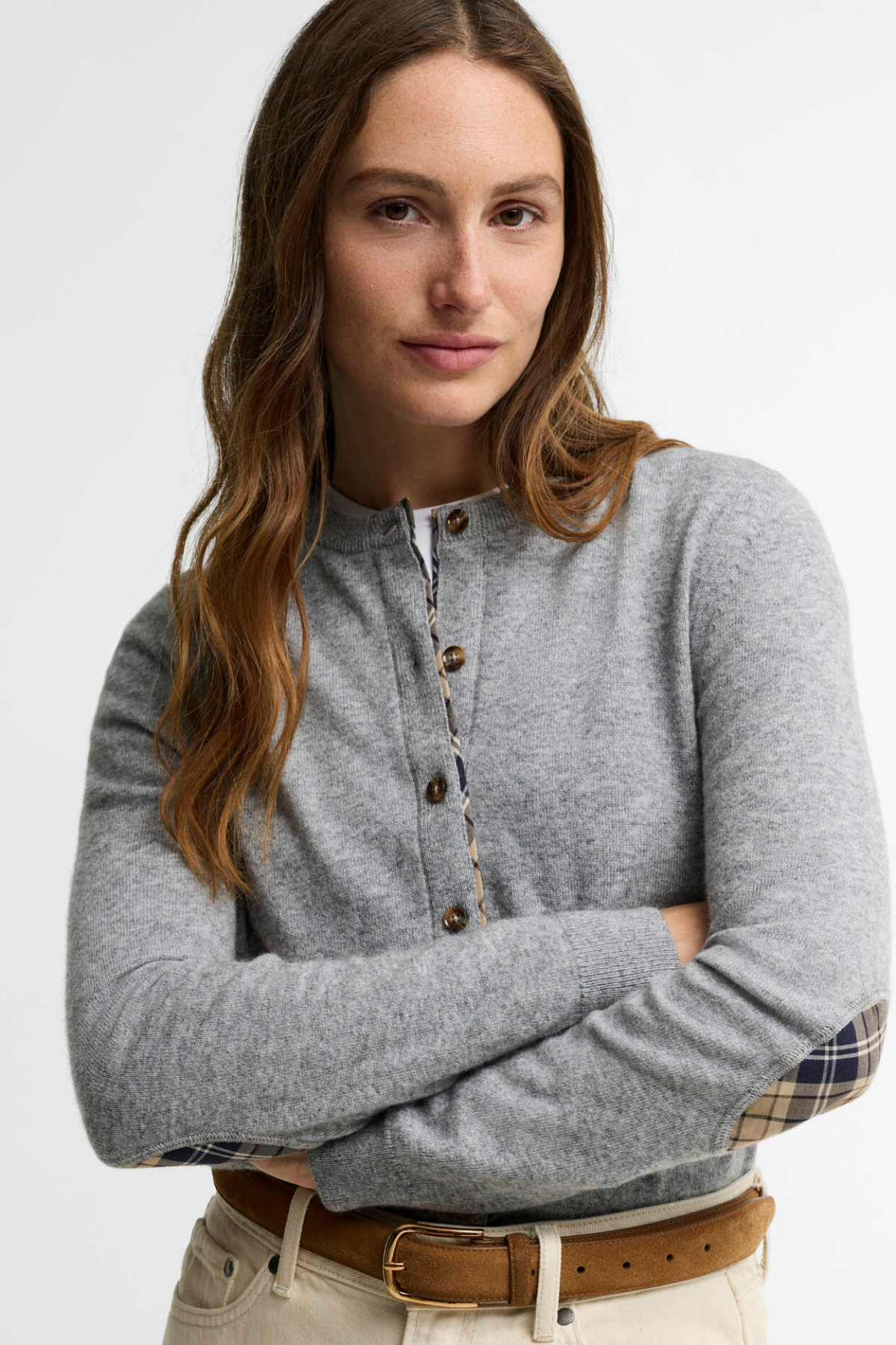 PENDLE KNITTED CARDIGAN GREY MARL/BIRCHWOOD TARTAN