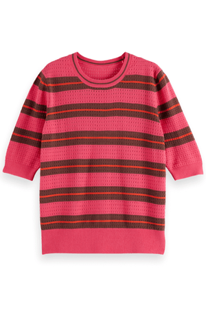 POINTELLE RELAXED SHORT SLEEVE ELECTRIC PINK STRIPE