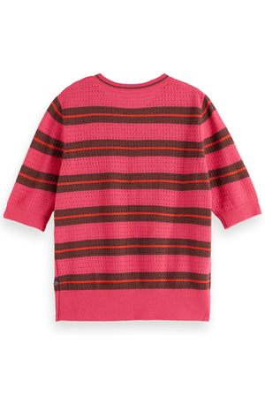 POINTELLE RELAXED SHORT SLEEVE ELECTRIC PINK STRIPE